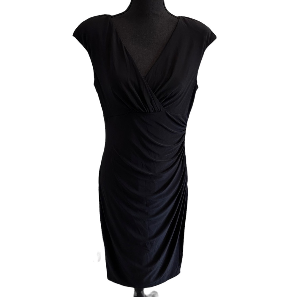 Ralph‎ Lauren Ruched Sheath Dress Gorgeous Black V Neck Cap Sleeve Size 12